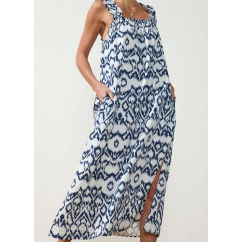 Brochu Walker Navy White Ikat Cotton Midi Dress Ruffle Strap Serena Womens XS